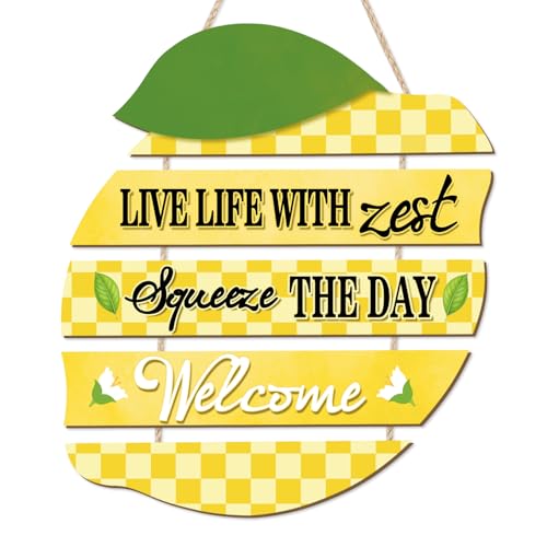 HOURIA Summer Lemon Welcome Front Door Sign Hanging(11.4"x11.5"), Checkered Lemon Wreath Rustic Wooden Wall Decor,Funny Welcome Decorations for Classroom Porch Home Kitchen,Housewarming Gift - color: Yellow Lemon Welcome Sign