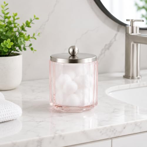 Blush Translucent Apothecary Octagional Shaped Glass Canister Jar With Metal Lid Cover for Bathroom Organization, Cotton Balls, Q Tips, and Small Accessories, Bathroom Storage - color: Blush/Satin Nickel Lid