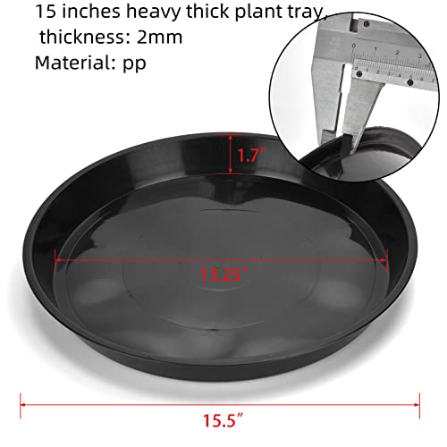 15 in Plant Saucers, 5 Pack Black Plastic Trays with 1.6 in Deep Well, Glossy Drip Pans for Indoor/Outdoor, Fits Pot Bases up to 13.3 in, Weather-Ready for Large Pots & Grow Bags - size: 15 Inch