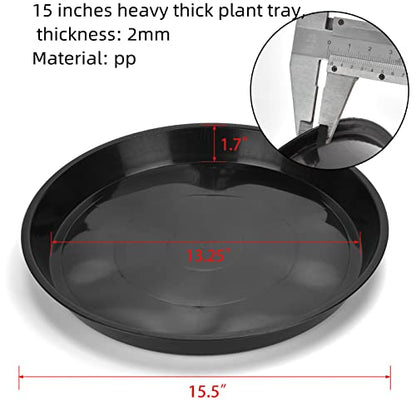 15 in Plant Saucers, 5 Pack Black Plastic Trays with 1.6 in Deep Well, Glossy Drip Pans for Indoor/Outdoor, Fits Pot Bases up to 13.3 in, Weather-Ready for Large Pots & Grow Bags - size: 15 Inch