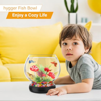hygger 0.5 Gallon/1 Gallon Glass Fish Bowl with LED Light and Decor, Small Round Betta Fish Tank Goldfish Bowl, Round Clear Unbreakable Aquarium/Vase/Hydroponic Plant Terrarium, Nice Centerpieces - size: 0.5 Gallon Fish Bowl with Mashroom