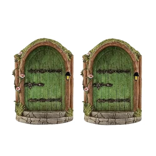 2Pcs Green Fairy Door, Wooden Miniature Fairy Garden Doors Outdoor Mini Fairy Gnome House Accessories for Tree Trunk Ornaments Garden Miniatures, Fairy Doors for Trees Outdoor, Gnome Door for Tree