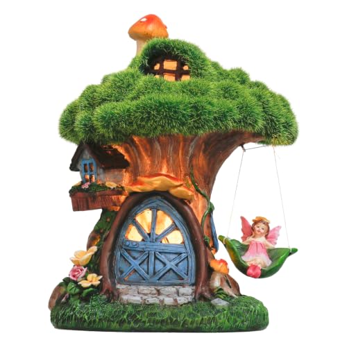 TERESA'S COLLECTIONS Fairy House Outdoor Statues with Solar Light for Garden Decor, Green Moss Resin Outdoor Cottage with Swinging Fairy, Lawn Ornaments Yard Decor Gifts for Mom Women, 8" | Solar-powered fairy house with swing | Outdoor resin decor for ga