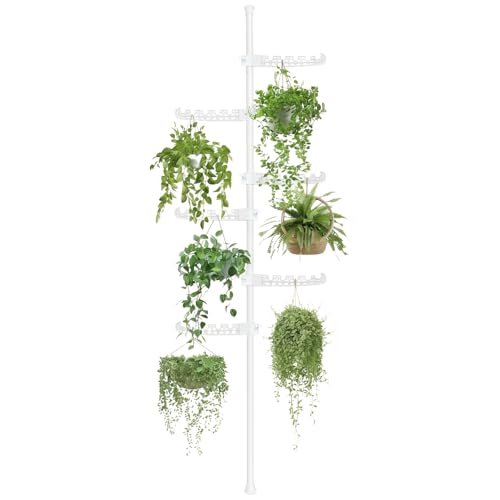 Tension Rod Plant Stand, Plant Poles for Hanging Plants Indoor, Metal Floor to Ceiling Hanging Plants Stand, Tension Pole Plant Stand with 6 Hooks (Fit 3.6-10ft), White - size: 6-Hangers-White