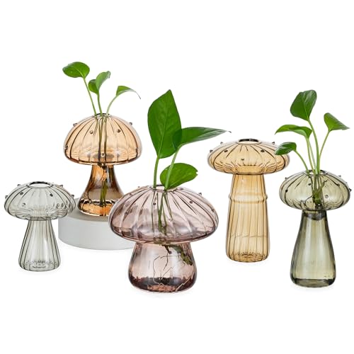 Hewory Plant Propagation Station: 5PCS Amber Glass Mushroom Vase for Flower | Propagation Vases, Mushroom Decor, Gifts for Plant Lovers, Mother, Glass Planter for Windowsill, Buddy, Terrarium Kit, Jars - color: Multi-amber, size: 5