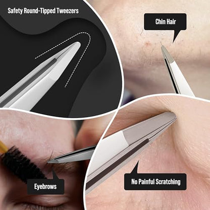DUROX 3-Piece Tweezers Set for Ingrown Hair & Splinter Removal - 1. Pointed Ingrown Hair Tweezers, 2. Sharp Splinter & Sliver Remover, 3. Blunt Tip Facial & Chin Hair Tweezers, Stainless Steel, Pouch