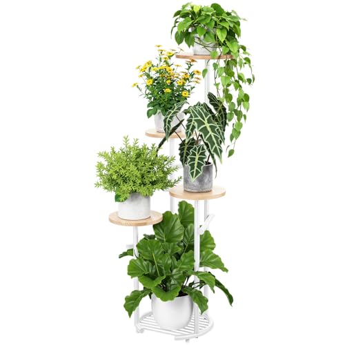TOSKING 5-Tier Round Wood Corner Plant Stand Indoor, Anti-Tip, Oak & White | 42-Inch Height, Space-Saving Design, Vertical Multi-Plant Display, Decorative Home Accent, Adjustable Feet - color: Wood + White, size: 5tier Rd