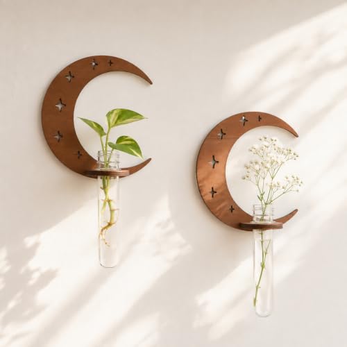 Artilady Plant Propagation Station, Moon Wall Hanging Wood Terrariums Tube | Boho Wall Planters for Indoor Plants, Window Air Plant Holder Propagation Stations Vases for Bedroom Living Room Decor - color: Crescent Moon