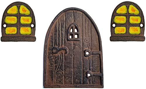 Lulu Decor, 100% Cast Iron Rustic Brown Miniature Fairy Door 5" and 2 Windows, Garden Ornament Ideal for Bottom of Trees (5 Inch - Round Top) - color: Brown, size: 5"