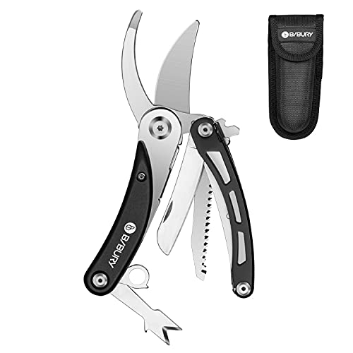 BIBURY 5 in 1 Gardening Hand Pruners, Multitools Folding Pruning Shears | Gardening Shears, 420 Stainless Steel, Pruning Scissors with Bark Shovel,Saw,Sharp Knife, Garden Clippers, Garden Pruners