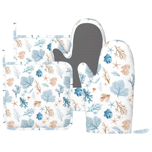 Beach Seashell Coral Starfish Oven Mitts and Pot Holders for Heat Resistant Silicone Ocean Oven Mittens and Potholders Gloves Hot Pads for Kitchen Cooking Baking Grilling BBQ - color: White Blue