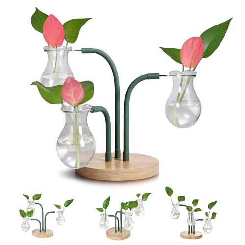 DIY Plant Propagation Stations with 3 Flexible Arms, 3 Stylish Glass Vase Bulbs & Oak Wooden Base, Unique Gifts for Plant Lovers, Garden Women, Home or Office Decor, Housewarming Gift Ideas