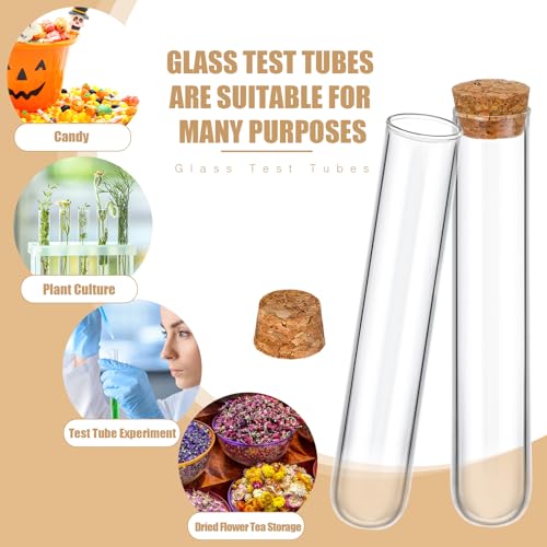 Thyle 100 Pcs Glass Test Tubes with Cork Clear Stoppers Round Bottom Lab Test Alcohol Tampons Glass Tubes Container Vials for Plants Scientific Experiments Candy Storage Party Favors (25x140mm/45ml) - size: 25x140mm/45ml