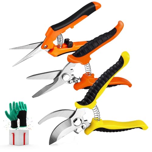 3 Pack Garden Pruning Shears Stainless Steel Blades Handheld Pruners Set with Gardening Gloves - color: Mix, size: 3 PCS