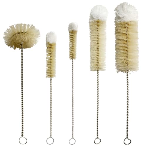 NewFerU Bottle Brushes Thin Long Handle X 5, Natural Boar Bristle Set