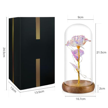 Galaxy Artificial Rose in Glass Dome - Premium Acacia Wood Base, Enchanted Eternal Flower for Home Decor, Unique Birthday Gifts for Women, Wife, Her