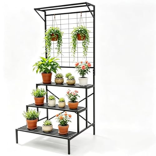 Zhongma 3 Tier Large Heavy Duty Plant Stand with Hanging Plant pot shelf, 35.43 x 33.27 x 78.74, Tall multi layer Plant Holder for Home, Garden, Each Tier: 35.43 L x 10.5W, Easy to Hold Large Plant - size: 3-Tier Hanging Shelf: L35.4 x W33.27 x H78.74