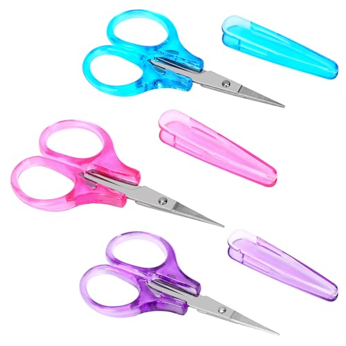3Pcs Small Scissors All Purpose Craft Scissors Stainless Steel Scissor with Protective Cover Mini Detail Craft Scissor Precision Straight Fine Tips Design for Paper Cutting,Scrapbooking - color: Pinkl,purple,blue