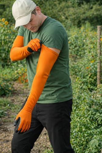 Long Sleeve Gardening Gloves Protection Sleeves, No-Slip Grip & Full Arm Guard Garden Cuffs; Durable, Protective - color: Orange, size: Large