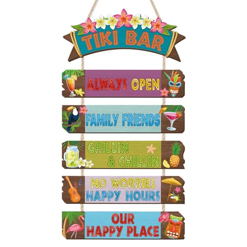 HOURIA Funny Tiki Bar Welcome Hanging Wood Sign,Tropical Hawaiian Luau Party Decorations(11.4"X21"),Funny Summer Tiki Bar Decor, Carnival Aloha Decoration for Outside Patio Backyard Beach - color: Tiki Bar Sign