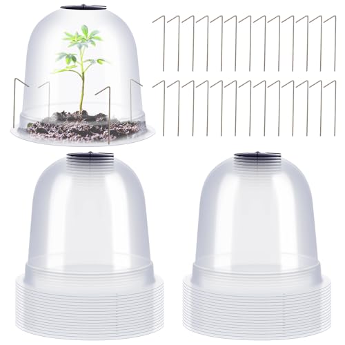 Zopeal 20 Pcs Small Humidity Plant Domes Garden Cloche 7.68" Dia x 6.7" H Reusable Thick Seedlings Frost Protector Covers Clear Plastic Mini Greenhouses with 80 Securing Pegs for Spring Outdoor Seed - size: 7.68'' X 6.7''
