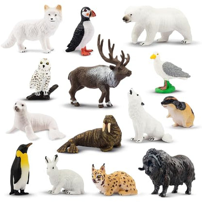 Toymany 14PCS Mini Arctic Animals Figurines Set, Polar Animals Toys with Polar Bear, Caribou, Penguin, Walrus, Wolf Figurines Cake Toppers Birthday Easter Gifts for Preschool Kids - color: Arctic