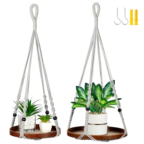 2 Pack Macrame Plant Hanger, Hanging Plant Shelf (12" + 10") | Plant Hanger Indoor, Hanging Planter, Hanging Planter Shelf - color: Light Grey, size: 2-Pack, 1-Tier