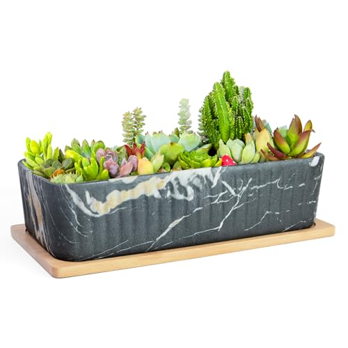 ARTKETTY Succulent Pots, Large Shallow Rectangle Planters with Drainage Tray, 12 Inch Long Window Sill Planter for Indoor Cactus Bonsai Plants, Ceramic Marble Window Box Planter Home Office Decor - color: Black