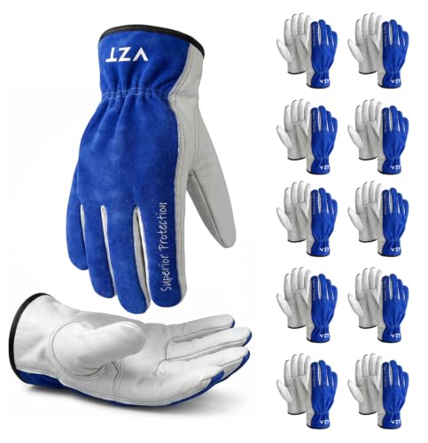 10 Pairs Leather Work Gloves for Men & Women, Bulk Pack, Durable Soft Grip, Heavy Duty Genuine Cowhide for Truck Drivers, Construction, Welding, Driving, Warehouse, Landscaping, Farm, Ranch. - color: Blue-white, size: X-Large(Pack of 10)