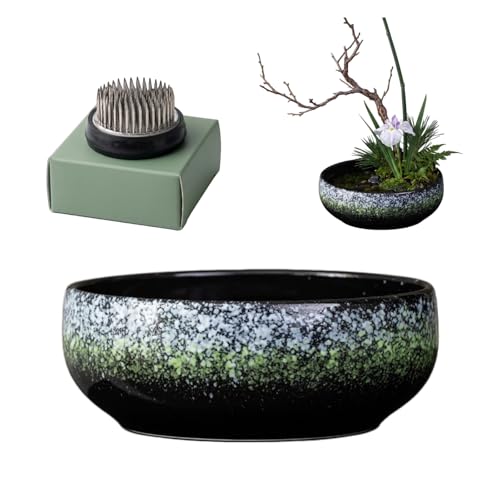 Ikebana Kit, Bowl, with 1.8in Floral Frog | Japanese Flower Vase, Ikebana Vase, Flower Frog Kit, for Hydroponic, Water Lotus Bowl, Japanese Floral Arrangement - color: Green Spots