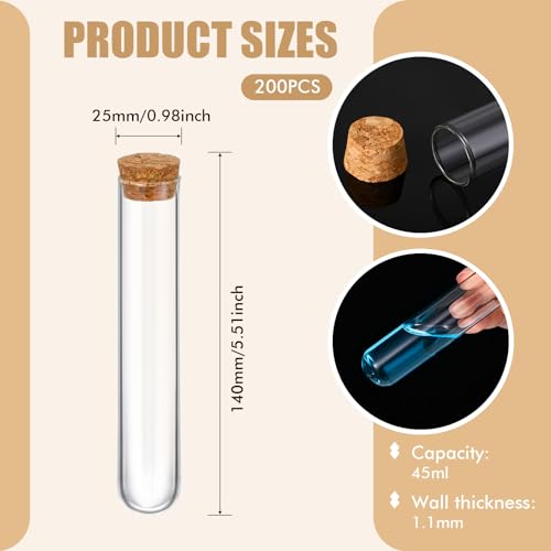 Thyle 100 Pcs Glass Test Tubes with Cork Clear Stoppers Round Bottom Lab Test Alcohol Tampons Glass Tubes Container Vials for Plants Scientific Experiments Candy Storage Party Favors (25x140mm/45ml) - size: 25x140mm/45ml