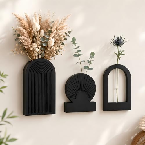 Black Wooden Wall Vases for Flowers Set of 3, Propagation Planter with 2 Glass Tubes, Modern Farmhouse Hanging Wood Decor for Living Room, Entryway - color: Black