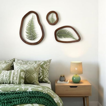 Lineshading Pressed Fern Wall Decor Set of 3, Irregular Wooden Frame with Preserved Ferns Double Glass, Rustic Botanical Wall Art for Bedroom Living Room Office, Housewarming Gift