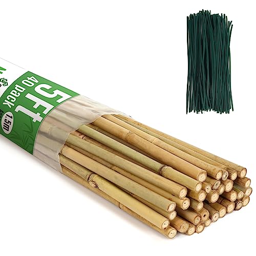 SWANGSA 40 Pack Bamboo Stakes for Plant 5 Feet(57.5inch), Bamboo Sticks Plant Support Garden Stakes Poles with 200pcs Twist Ties for Tomatoes, Beans, Potted Plants, Indoor and Outdoor Climbing Plants - size: 5 Feet