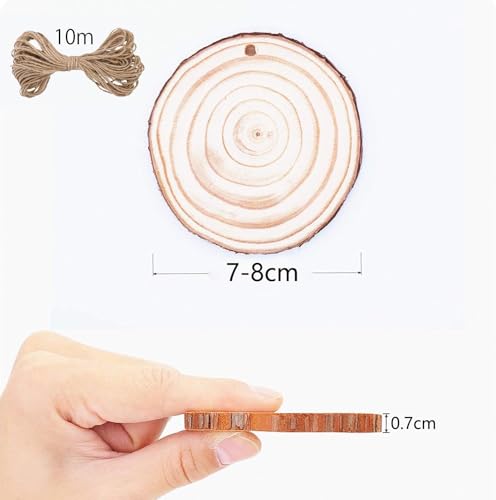 30pcs Wood Slices, BetterJonny 2.75-3.15 inch Undrilled Wooden Circles Predrilled with Hole Natural Wood Ornaments with 10 Meters Jute Rope for Arts DIY Craft - size: 30 Pcs (2.75-3.15 inch)