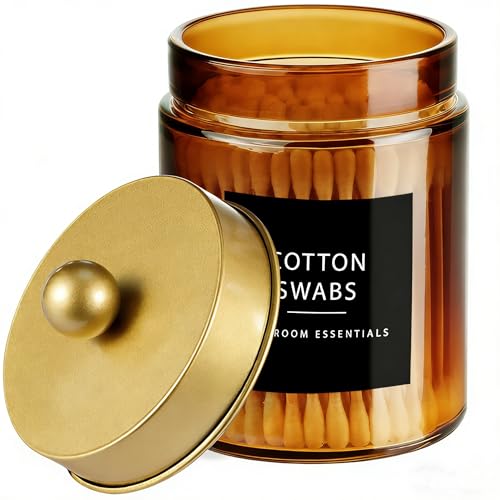 Amolliar Bronze Amber Glass Apothecary Jar, Qtip Holder Bathroom Gold 1Pack | Bathroom Canister With Metal Lid, Q tip Dispenser Holder for Cotton Balls, Cotton Swabs, Floss Picks, Vanity Makeup Organizer - color: Gold, size: 1 Pack