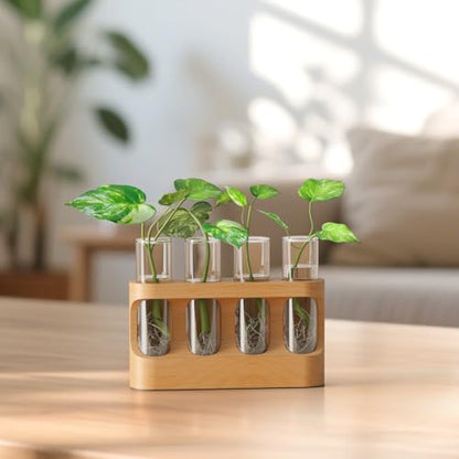 Plant Propagation Station with Wooden Stand, Gardening Gifts for Mom Women Plant Lovers, 9-Level Dimmable LED Light 4 Glass Test Tubes Vases for Hydroponic Plants - Desktop Terrarium for Desk Decor - size: With Light