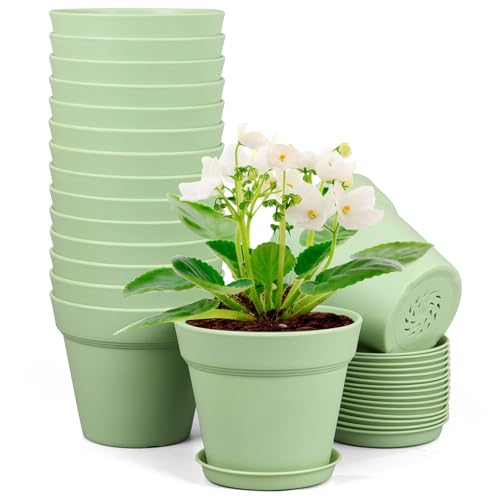 Meowell 4 inch Small Plastic Nursery Pots, 16 Pack Plant Pots for Indoor Outdoor Plants, Flower Pots with Drainage Holes and Saucers, Decorative Seedling Starter Planters for House Plants, Green - color: Green, size: 4inch 16pcs