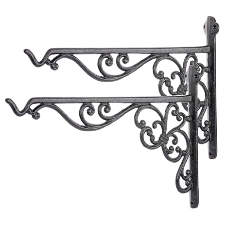 Sungmor Decorative Cast Iron Hanging Bracket, 2 Pack 15.6in Hangers, Black | Thickened Outdoor Metal Plant Hangers, Vintage Scroll Design for Signs, Planters, Lanterns, Bird Feeders - color: Rustic Black - 15.6 inch