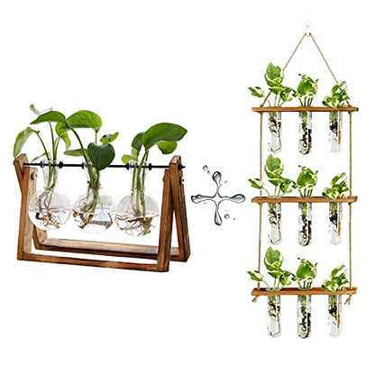 XXXFLOWER Plant Terrarium Propagation Station with Wooden Stand, Air Planter Glass Vase Home Indoor Office Decoration - 3 Bulb Vase + Test Tubes 3 Tiers