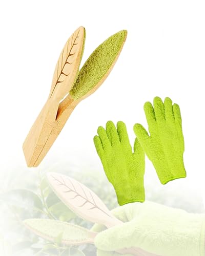 3Pcs Plant Leaf Cleaning Set, Includes 1 Microfiber Cleaning Tongs and 2 High-Density Dusting Gloves, Washable Reusable Houseplant Care Kit for Foliage, Window Blinds & Delicate Home Dusting