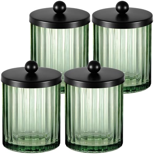 Amolliar Green Glass Apothecary Jar, Qtip Holder for Bathroom(Black 4 Pack) | Canister for Cotton Balls, Makeup Pads, Floss Picks, Bathroom Essential Accessory, Countertop Q Tip Holder Storage Organizer - color: Black, size: 4 Pack