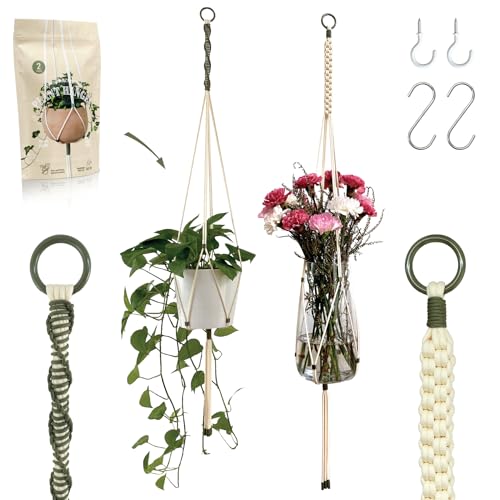 2 Packs Macrame Plant Hanger Colored Braided Polyester Rope Outdoor Indoor Adjustable Hanging Planter for up to 10 Inch Plant Pot Modern Boho Home Decor (Ivory/Forest Green)