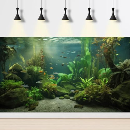 Under The Sea Aquarium Background Underwater Aquatic Plants Fish Tank Background Tropical Fish Rock with Moss Terrarium Background Undersea Green Grass with Sunbeams Terrarium Background 24x12in - color: Green Grey, size: 24(W)x12(H)inches/ 60(W)*30cm(H)