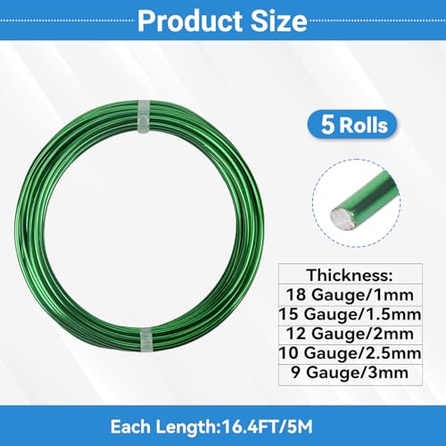 5 Rolls Aluminum Craft Wire Kit with Side Cutter Pliers, Multi-Size [18/15/12/10/9] Gauge, Flexible Metal Wire Set for Jewelry Making, Bonsai and Sculpting (82 Ft Total, 16.4 Ft/Roll, Green) - size: 5 Gauges Set 16.4Ft Each, style: Green