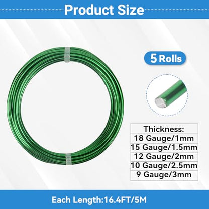5 Rolls Aluminum Craft Wire Kit with Side Cutter Pliers, Multi-Size [18/15/12/10/9] Gauge, Flexible Metal Wire Set for Jewelry Making, Bonsai and Sculpting (82 Ft Total, 16.4 Ft/Roll, Green) - size: 5 Gauges Set 16.4Ft Each, style: Green