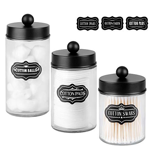 Apothecary Jars 3 Pack - Glass Bathroom Containers with Stainless Steel Lids - Rustic Farmhouse Decor Bathroom Accessories, Vanity Organizer Apothecary Jars for Qtip/Cotton Balls (Matte Black) - color: Matte Black