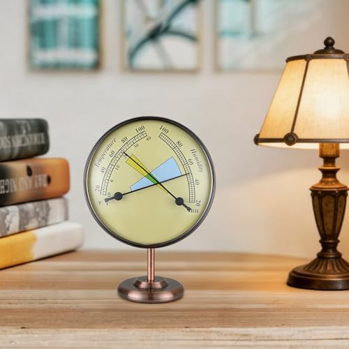 4 in Antique Solid Brass Analog Thermometer Hygrometer | 2 in 1 Weather Station, Detachable Stand, Battery-Free, Rust Waterproof, High Accuracy, For Home Patio Indoor Outdoor - color: Brass Housing with Beige Dial