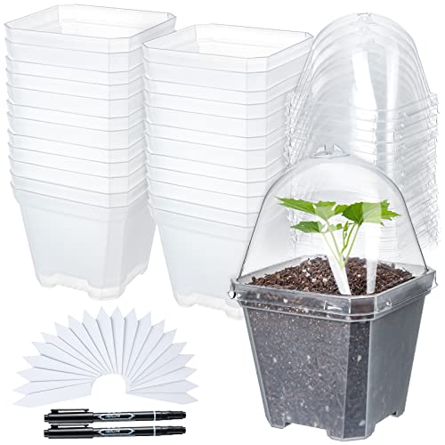 42 Pack 4 Inch Clear Plant Nursery Pot Sets with Humidity Dome and Drain Holes Include 20 Plastic Gardening Pot 20 Labels, 2 Marker Pen Seed Starting Container for Seedlings Vegetables Succulents