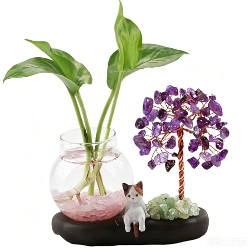 Mini Plant Propagation Station, Amethyst Tree Hydroponic Glass Vase | Cute Cat Figurine, Home Office Desks Aesthetic Decorations, Gift for Women Plant Lovers and Cat Lover - color: Amethyst